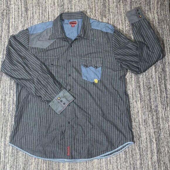Vintage Tommy Hilfiger Red Label Denim Mens XL Black Pinstripe Button Down Shirt - Picture 1 of 8